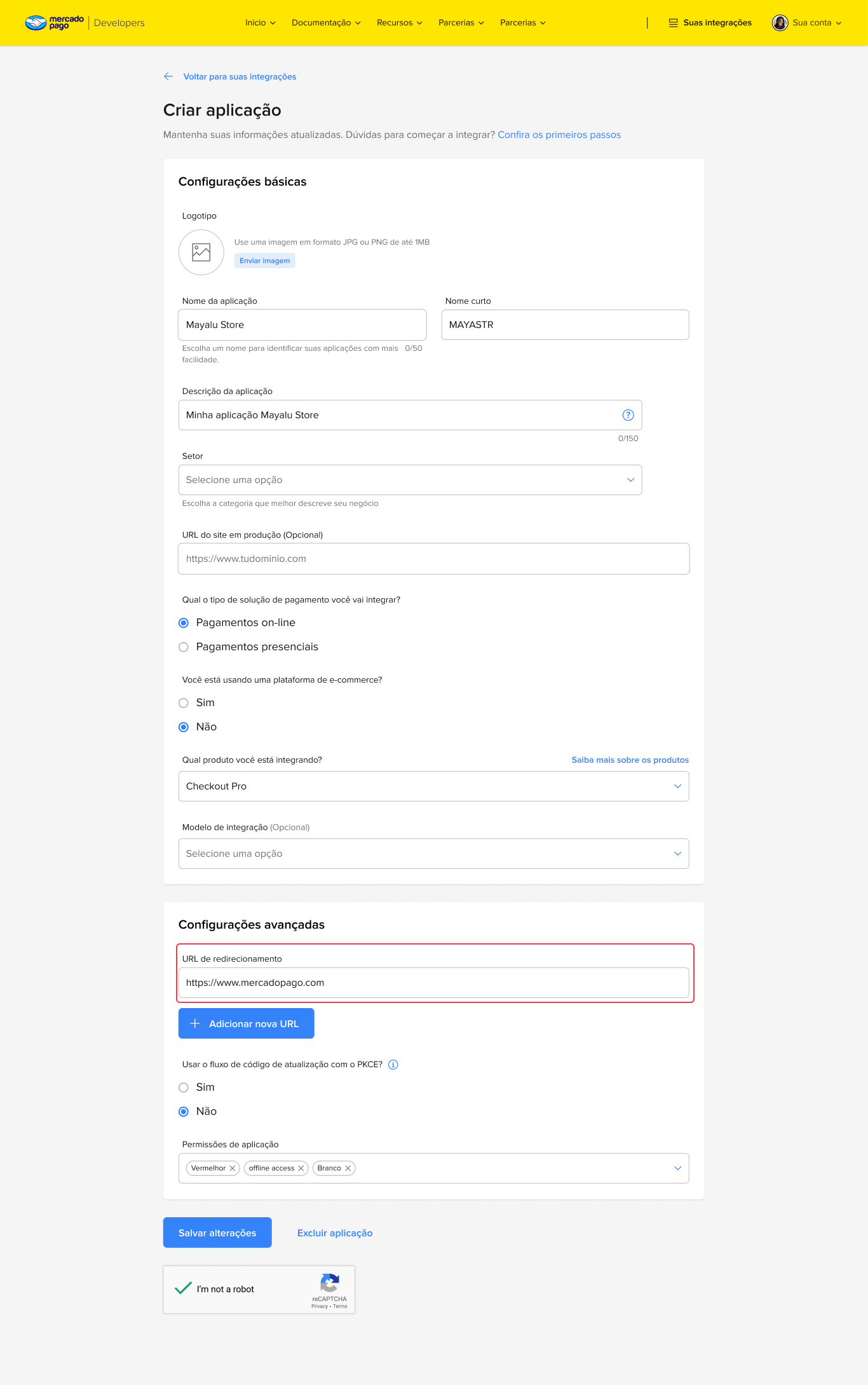Campo ”Redirect URL”